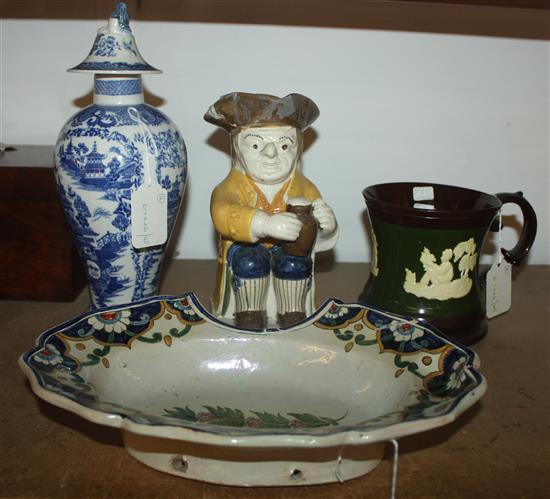 Prattware Toby jug (hat a.f), 19C pottery tankard, sprig decoration, pearl ware vase with widow finial cover & a mustache dish